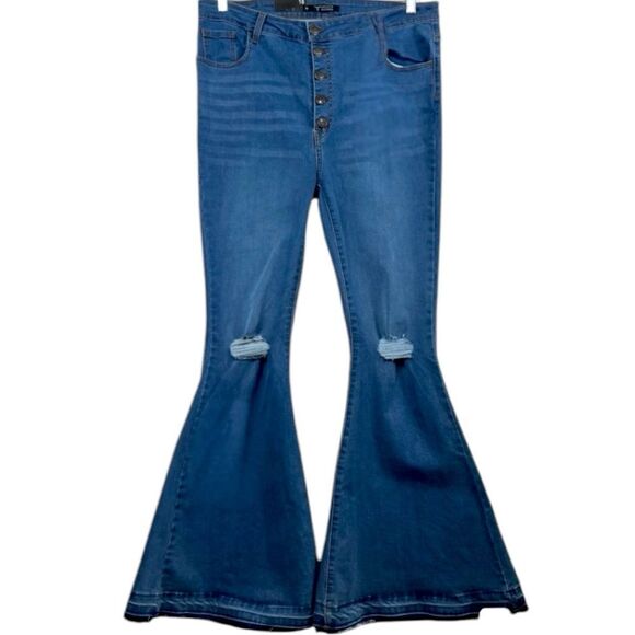 Button Fly High Rise Flare Jeans | Distressed Raw Hem | Mid Wash | NWT | L&B 16 - Picture 8 of 15